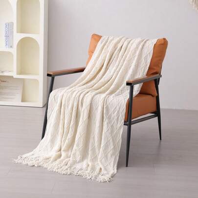 SHEIN X Milania 1pc Solid Color Diamond Plaid Knitted Blanket, Scandinavian Style Acrylic Rectangular Minimalist Sofa Cover, Bedroom Leisure Throw