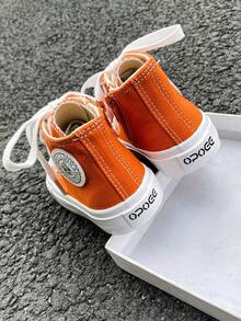 OPOEE Canvas Shoes, Mid-Top Sneakers For Children, Spring/Autumn, Korean Style, Unisex, Fashionable Low-Top, Casual Lace-Up Athletic Shoes, Classic High-Top Sneakers, All-Match Casual Sports Skateboard Shoes For Kids - Orange - View 5