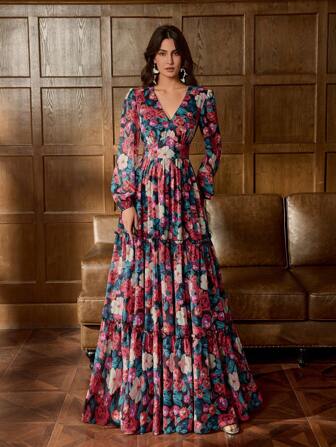 Elegant V-ringad lanternärm Blommigt tryckt formell klänning trädgårdsfestklänning aftonklänning, klänning, bröllopsgäst