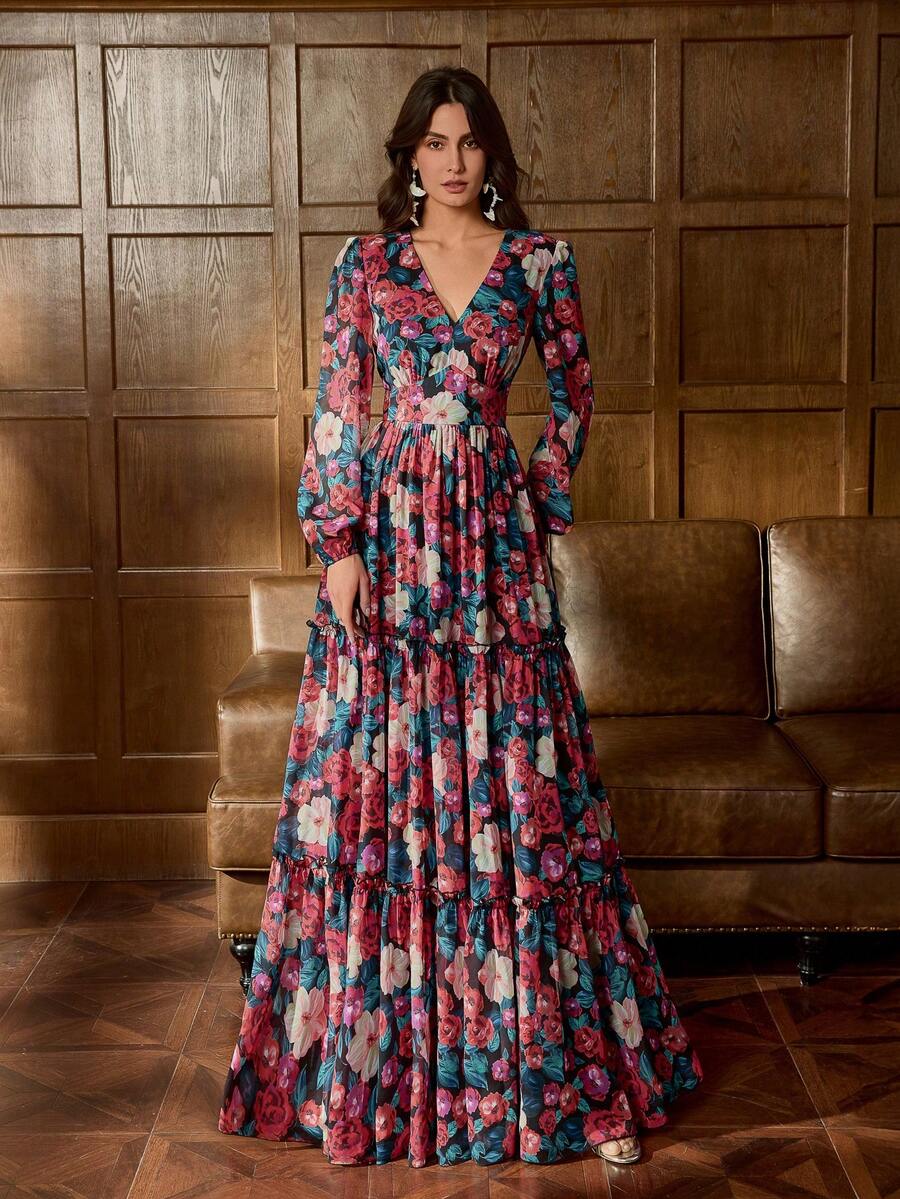 优雅 V 领灯笼袖花卉印花礼服花园派对礼服晚礼服、长袍、婚礼宾客礼服