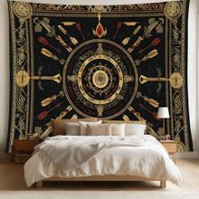 1 pezzo Arazzo in terylene medievale nordico con rune nere e dorate per soggiorno, camera da letto, dormitorio, appeso al muro, decorazione per la casa, grande motivo misterioso vichingo con simboli antichi, arte bohémienne da parete, 90x70 pollici in cotone e lino
