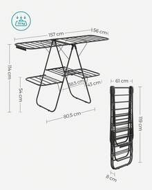 SONGMICS Tendedero de Ropa, Tendedero de Ropa Plegable de 2 Niveles, Tendedero Grande, con Alas Ajustables en Altura, 33 Barras de Secado, Pinzas para Calcetines, Negro - Negro - Ver 6