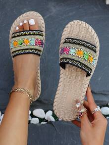 Sandalias planas con estampado retro para mujer, pantuflas de verano ligeras, zapatos de playa antideslizantes para mujer para vacaciones de verano, citas, fiestas - Negro - Ver 2