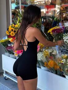 Women's Summer Boho Holiday Sexy Solid Color High Stretch Backless Camisole Jumpsuit, Suitable For Island Beach Vacation, Travel, Music Festival/Concert, Daily Wear Bohemian - Black - View 8