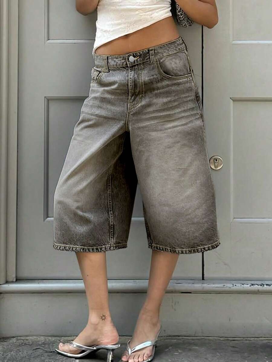 Mittlere Taille Straight Leg 7/8 Hose für Frauen im Western/Cowgirl Style mit used-Waschung