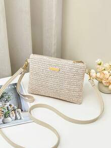 1pc Women's Mini Fashionable Straw Woven Shoulder Crossbody Bag, Casual Versatile Small Square Handbag Clutch With Zipper Closure, 2 Strap Options, Gift/Street/Holiday - Beige - View 3