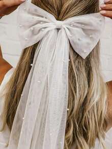 1件新娘蝴蝶结珍珠网纱头纱，简约短款婚纱头纱，派对头纱发饰，情人节配饰 - 白色 - 查看 3