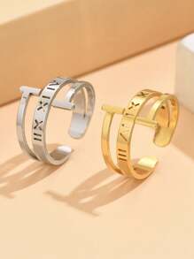 1 pieza Anillo de acero inoxidable ajustable con letra hueca de estilo minimalista y moderno, chapado en oro de 18 quilates, joyería resistente a los arañazos para uso diario de las mujeres