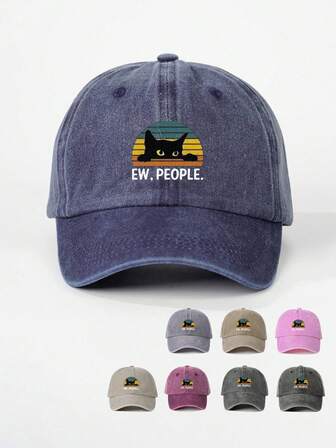 1 st tryckt svart katt "Ew, People" tvättad basebollkeps, justerbar utomhussolskydd Casual hatt Lämplig för män, vår/höst resor Strandsemester Y2K Style