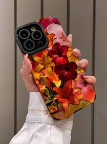 Flower 1pc Cute & Tender Pink Floral Vertical Stripes Faux Leather Shockproof Anti-Fingerprint Phone Case, Compatible With Apple & Models