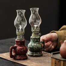 1pc Ceramic Kiln-Fired Glaze Oil Lamp With Handle And Shade, Adjustable Wick Camping Oil Lamp, Indoor Ceramic Oil Lamp Candlestick, Oil Lamp/Hurricane Lamp With Fire Control Knob, Suitable For Christmas, Easter, Ramadan, Valentine's Day, Gifts