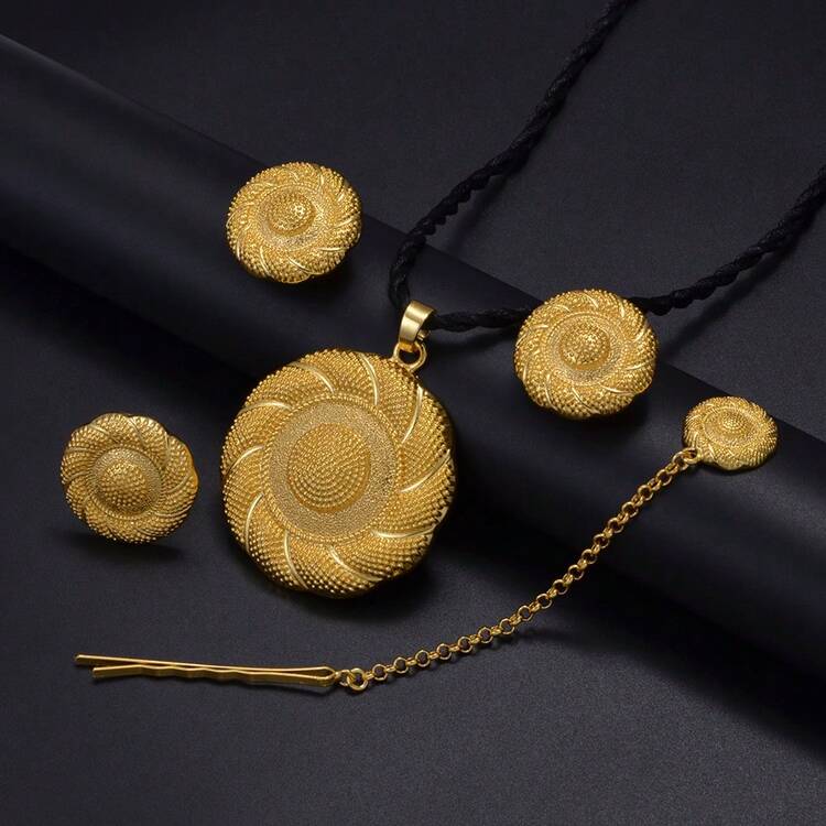 1 set Cross Smycken Set Halsband Örhängen Ringar Pann-Kedja Eritrean African Habesha Accessoarer - Gult guld - Visa 7