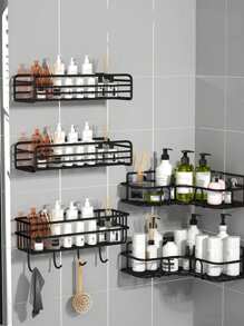 1pc, Bathroom Bathroom Wall Shelf Without Punching Shampoo Bath Toothpaste Hanging Iron Storage Shelf Corner Tripod Back To School