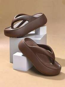 1 Pair Brown Thick Bottom Flip Flops, Suitable For Beach, Vacation, Commuting, Home, Office, Outdoor Wear, Lightweight & Comfortable Summer Sandals