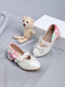 Zantong Children's High Heels, Pearl Bow Low Heel Thick Heel Ballet Latin Dance Shoes, Outdoor Party, Dance Party, Wedding Long Dress, Girl Princess Shoes, Fashionable Color-Blocking Daily High Heels, Suitable For (Children/Teenagers) - Red and White - View 2