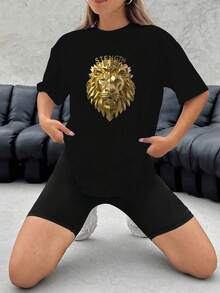 STRENGTH Lion Women's Plus Size Sports Short Sleeve T-Shirt - Black - View 1