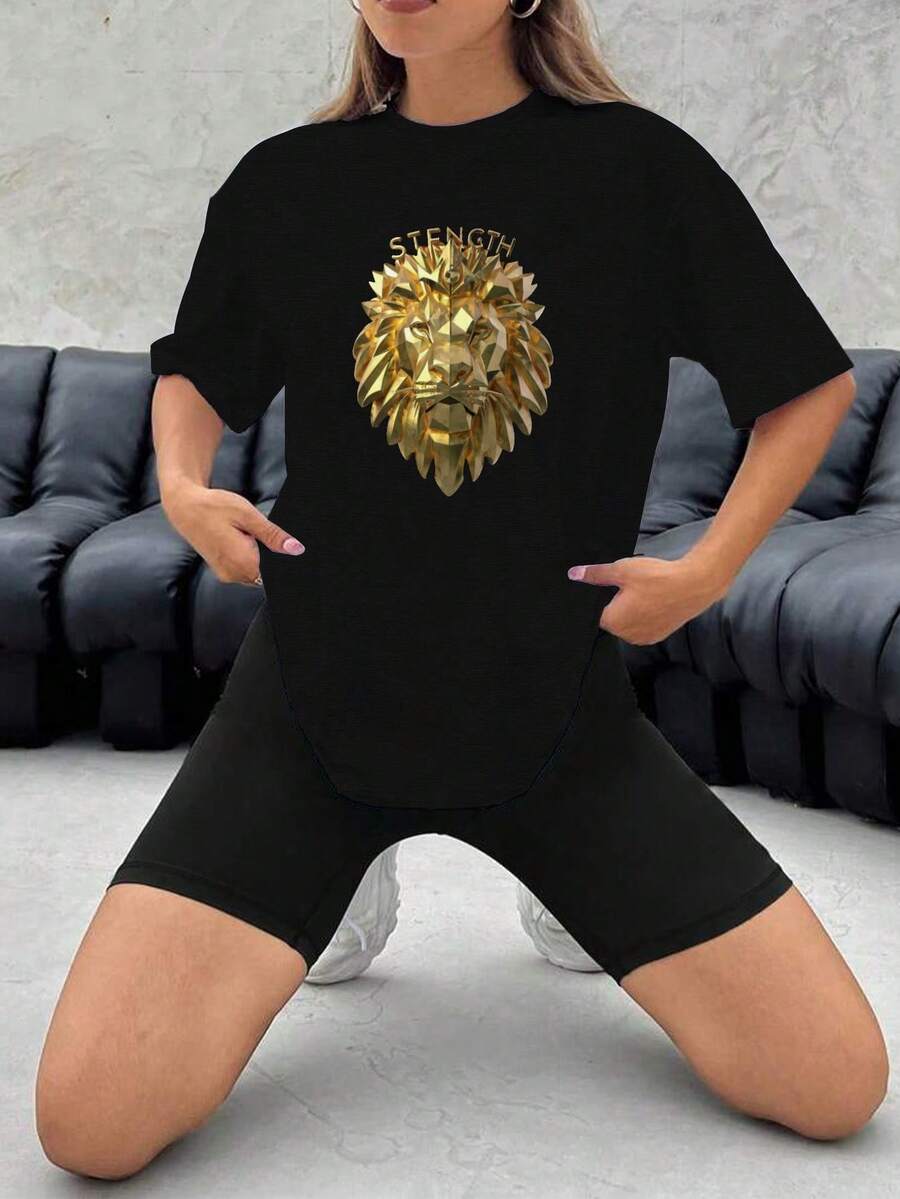STRENGTH Lion Women's Plus Size Sports Short Sleeve T-Shirt - Black - View 1