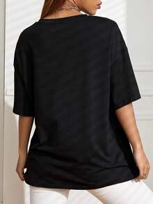 宽松女士休闲“GYM GIRL”标语图案宽松圆领短袖T恤，夏季 - 黑色 - 查看 2