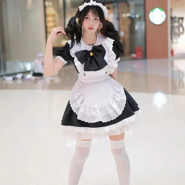1pc Maid Dress, Cute Bell & Lace Bowknot Lolita Maid Cafe Uniform, Suitable For Exhibitions, Parties, Stage Performance, Maid Cafe Work