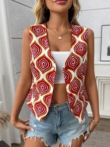 Damen elegantes, lässiges, vielseitiges bedrucktes Trägershirt-Top, Stoff mit gewebtem Diamantmuster, Fake-Tasche, für den Alltag & Urlaub, Frühling/Sommer/Herbst