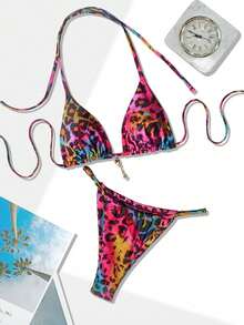 Sexy Backless Lace-Up Leopard Print Bikini Set For Beach & Vacation - Multicolor - View 3