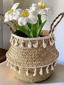 1 pieza Cesta de plantador de paja de mar tejida a mano - Maceta plegable para interiores/exteriores, decoración del hogar bohemia. Cesta de plantador de paja de mar, Cesta de paja de mar con flecos, Cesta de planta plegable, Plantador de paja de mar