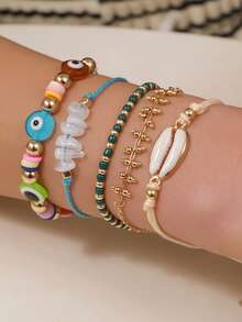 5pcs Handmade Woven Colorful Rope, Evil Eye Shell, Ceramic Bead Bracelets, Bohemian Style - Multicolor - View 1