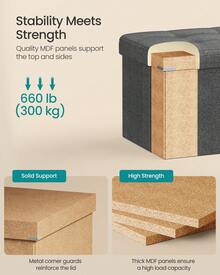 SONGMICS Colección - Baúl plegable de almacenamiento de 43 pulgadas, reposapiés, banco al final de la cama, baúl de almacenamiento, capacidad de carga 660 Lb, para sala de estar, dormitorio, entrada, gris oscuro, almacenamiento para dormitorio universitario - Gris Oscuro - Ver 3