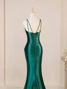 复古细肩带性感蕾丝维多利亚风格优雅迷人无袖紧身胸衣吊带连衣裙，鸡尾酒会美人鱼伴娘礼服派对、正式礼服、晚礼服、婚礼宾客礼服 - 墨綠色 - 查看 7