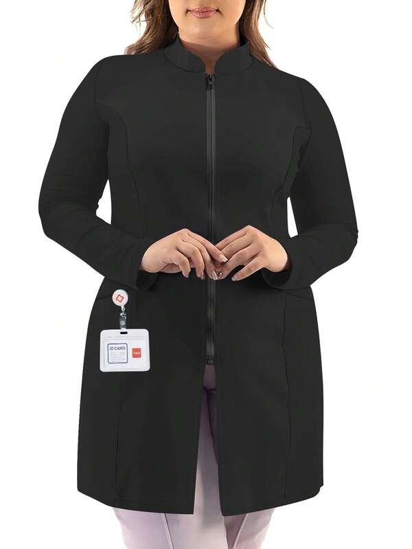 cimmuovere Plus Size Women's Practice Uniform Zipper Front Hospital Nurse Practice Laboratory Work Multi-Pocket Uniform Lab Coat