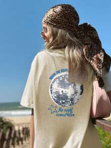 女装夏季新款简约轻球标语印花日常休闲圆领杏色短袖T恤时尚百搭适合日常穿着女上衣