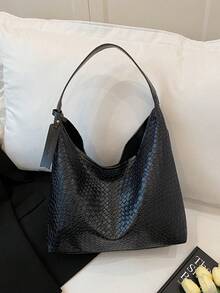 Fashionable PU Woven Commuter Tote Bag, Simple Niche Design Underarm Bag, Large Capacity Shoulder Messenger Bag - Black - View 3
