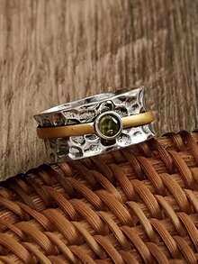 1pc Bohemian Style Yellow Circle Green Plastic Rhinestone Ring, Jewelry Gift Suitable For Women For Daily, Party, Travel Wear - Antique Silver - View 2