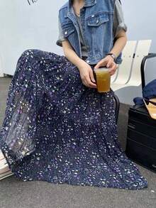 EARO 加大码女式度假风时尚日常百搭雪纺花卉百褶裙，高腰宽松修身 A 字裙，春秋