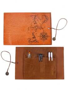 A Unique Map, Nostalgic Retro Pencil Case, Large Capacity Pencil Case, Portable Printed Buckle Pencil Case, PU Leather, Suitable For Cosmetics, Brushes And School Supplies, Cute Simple Creative Map Leather Pencil Case