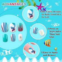 JANYUN 96 Pcs Kids False Nails - Press On, Full Cover, Short Nails In Blue Theme For Little Girls' Nail Art Decoration