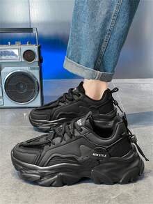 Men's Spring Versatile Casual Fashion Sports Chunky Sneakers, Anti-Slip Elevated Sneakers - Black - View 6