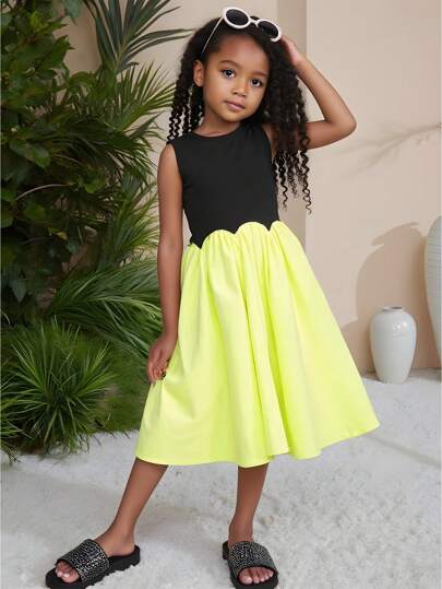 Seven Princess Kleine Mädchen Patchwork Rundausschnitt Ärmellos Lässig Sommer Mini Kleid, geeignet für Lässig und Urlaub