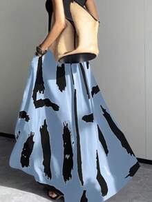 EARO 女士休闲宽松艺术水墨印花修身半身裙 - 天藍 - 查看 4