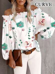 Plus Size Women Floral Print Single Collar Ruffle Hem Elegant Blouse - Green - View 2