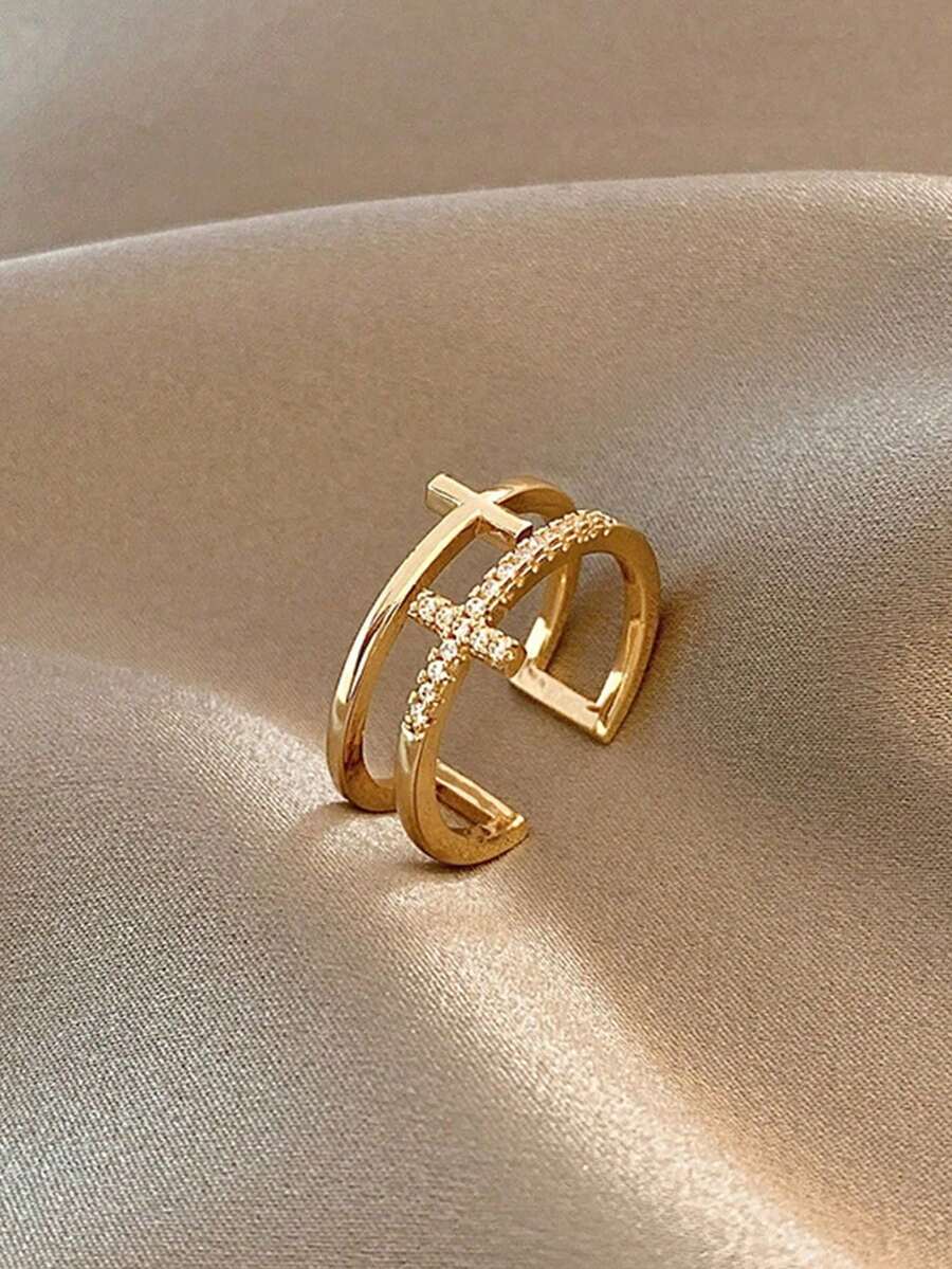 1pc 18K Gold Plated Double Layer Rhinestone Cross Ring, Smooth Open Band Style Suitable For Women Party Wear, Girlfriend Gift