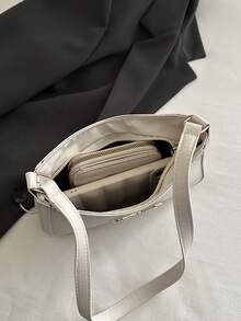 Bolso de hombro en forma de media luna elegante para mujeres, de moda informal y elegante, bolso axilar de unicolor - Blanco - Ver 12