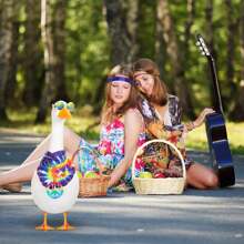 3 Pcs Hippie Porch Goose Outfit For 23''/ 17'' Plastic Lawn Goose Statue Costume 70s Tie Dye Rainbow Leopard Clothes Hippie Headband Necklace Sunglasses For Outdoor Patio Yard Lawn