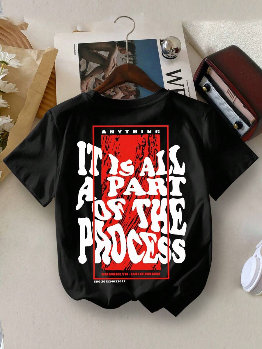 幼儿男童休闲红色扎染白色字母印花 T 恤，时尚圆领，夏季 - 黑色 - 查看 1