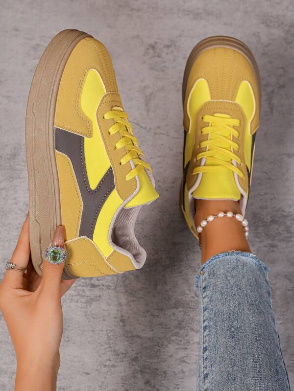 Women's Casual Shoes Thick Sole Color Block Round Toe Yellow Wedge Platform Sneakers