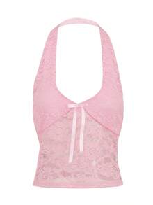 Deep V-Neck Lace Trim Backless Crisscross Strap Camisole, Figure Flattering