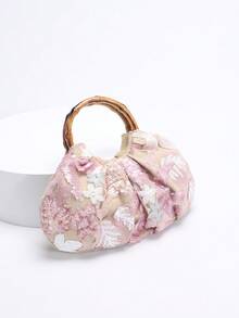 1pc Colorful PVC Sequin Patched Mesh Floral Embroidery Cloud Decor Foldable Linen Beach Tote Bag, Fashionable Unique Design For Women, Suitable For Summer Beach Holiday (Floral Pattern Random), Sparkling Sequin Bags Ladies Elegant - Pink - View 10