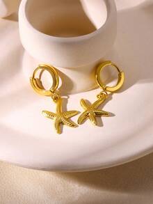 1 Pair Fashion Starfish Hoop Earrings For Women Gold Color Stainless Steel Geometric Stud Earrings Summer Beach Party Jewelry Gifts - Yellow Gold - View 5