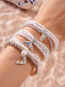 Conjunto de 3 pulseiras de pérolas em camadas, estilo boêmio, praia, concha, tartaruga, rabo de peixe, design versátil