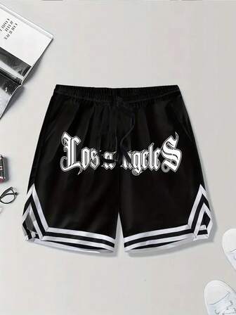 男童休闲运动短裤 - 时尚涤纶篮球短裤，带口袋，黑色带白色“洛杉矶”字样，宽松版型，适合户外运动和日常穿着，时尚运动装 | 耐用面料